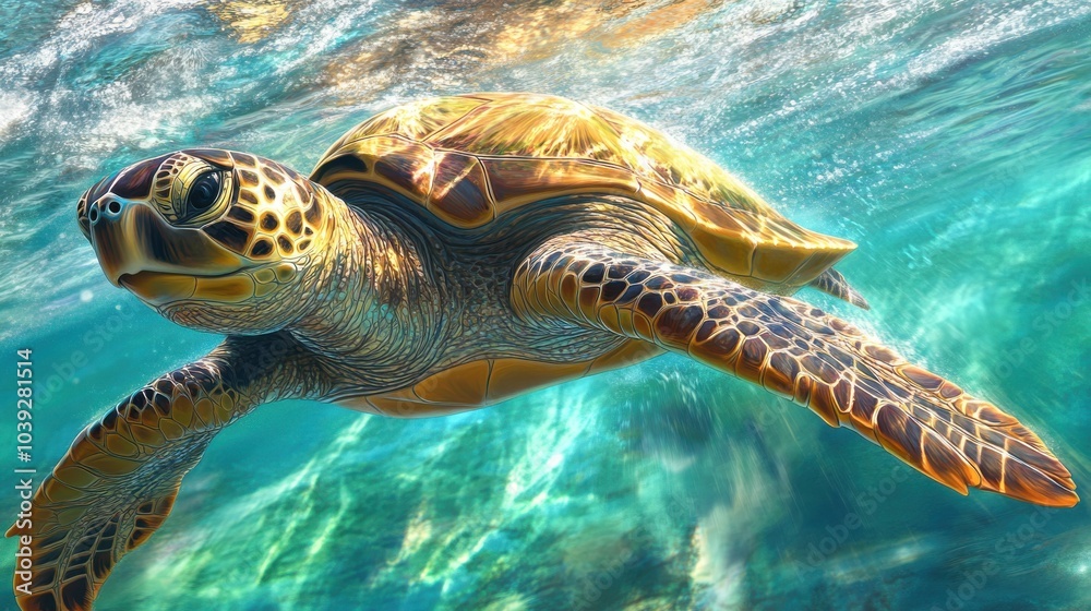 Fototapeta premium A close-up shot of a sea turtle gliding gracefully through the clear blue ocean. The turtle textured shell is illuminated by beams of sunlight from the surface, with soft waves in the background
