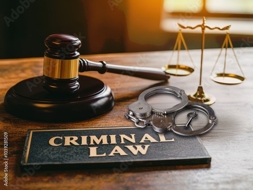 Judge's gavel, handcuffs, and scales symbolizing criminal law on desk