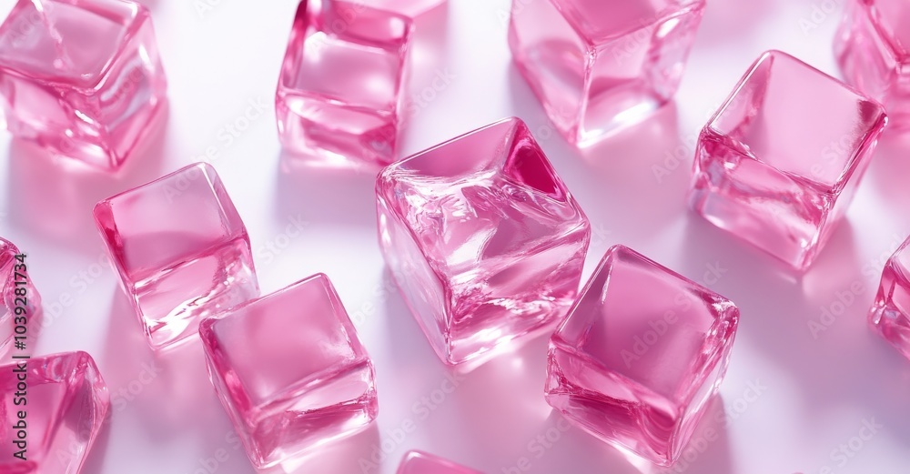 Glass transparent cubes on light background, red and pink color palettes, business background, cosmetic perfume background Glass transparent cubes on light background, red and pink color palettes, business background, cosmetic perfume background