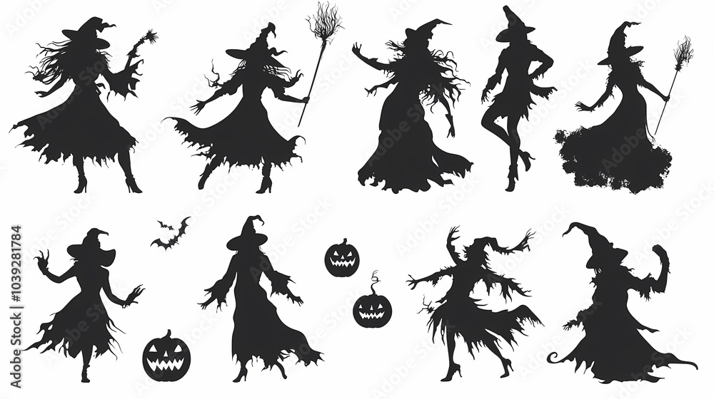 Collection of silhouetted witches in various poses against a white background. Collection of silhouetted witches in various poses against a white background.