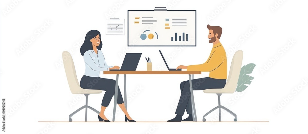 A man and woman sitting at a desk, looking at laptops with a whiteboard behind them with graphs and charts. A man and woman sitting at a desk, looking at laptops with a whiteboard behind them with graphs and charts.