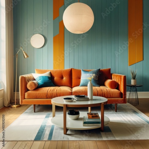 Retro mid-century modern living room, colorful geometric wall panels, teal and orange color scheme, round wooden coffee table, globe pendant light, comfortable sofa, vintage armchair, stylish interior photo