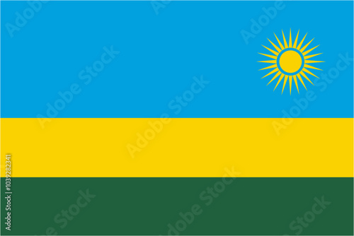 Rwanda official flag vector with standard size and proportion. National flag emblem with accurate size and colors.