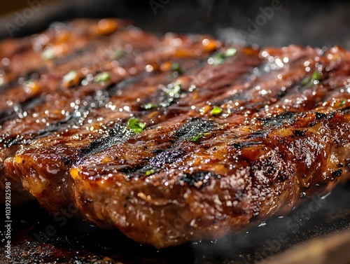 Closeup of Sizzling Grilled Steak with Caramelized Marinade and Ample Space for Text