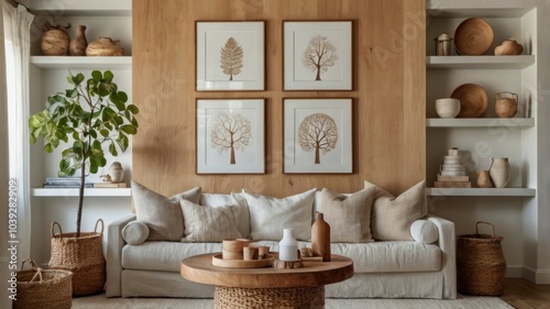 Cozy living room, natural wood paneling, white sofa, botanical prints, potted plants, neutral color palette, rustic coffee table, minimalist decor, open shelving, earthy tones, hygge aesthetic, scandi