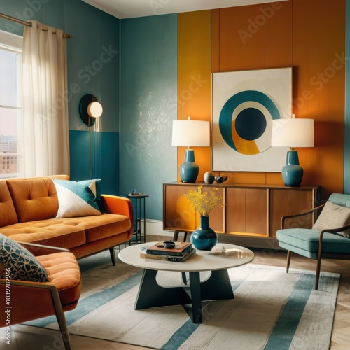 Retro mid-century modern living room, colorful geometric wall panels, teal and orange color scheme, round wooden coffee table, globe pendant light, comfortable sofa, vintage armchair, stylish interior photo