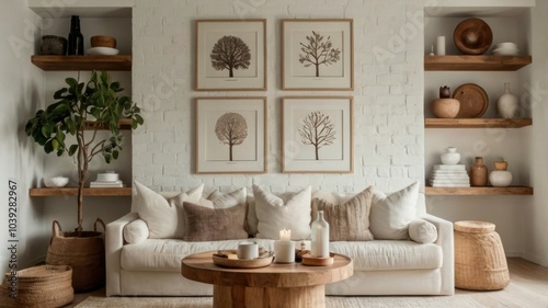 Cozy living room, natural wood paneling, white sofa, botanical prints, potted plants, neutral color palette, rustic coffee table, minimalist decor, open shelving, earthy tones, hygge aesthetic, scandi