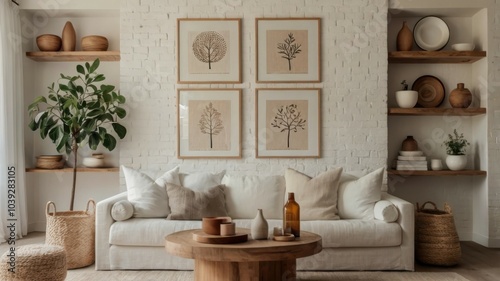 Cozy living room, natural wood paneling, white sofa, botanical prints, potted plants, neutral color palette, rustic coffee table, minimalist decor, open shelving, earthy tones, hygge aesthetic, scandi