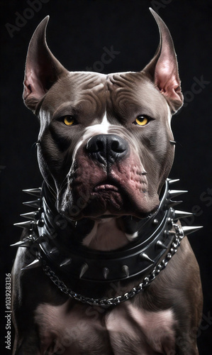 Dogs. Pitbull terrier. Dog in a beautiful, strict. collar, harness.