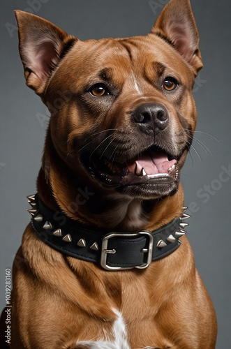 Dogs. Pitbull terrier. Dog in a beautiful, strict. collar, harness.
