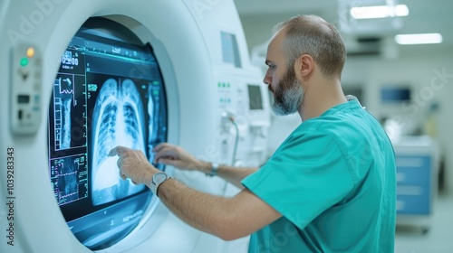 Wallpaper Mural A healthcare professional adjusting the settings on an X ray machine before conducting a thoracic radiographic examination Torontodigital.ca