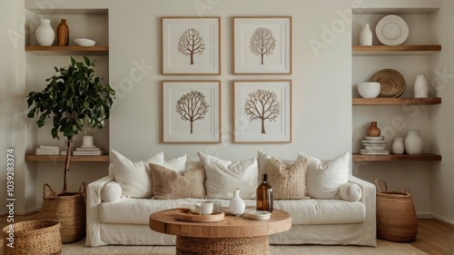 Cozy living room, natural wood paneling, white sofa, botanical prints, potted plants, neutral color palette, rustic coffee table, minimalist decor, open shelving, earthy tones, hygge aesthetic, scandi