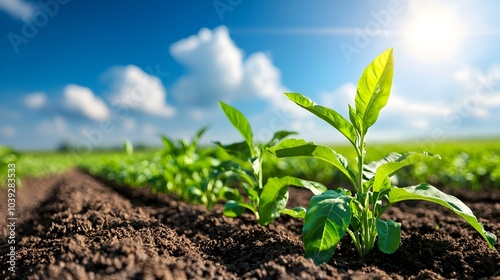 Expansive green fields of organic crops and farmland stretching out under a clear blue sky with a modern irrigation system watering the land to support sustainable and productive agriculture