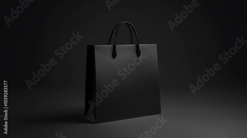  Black paper bag with silk handle mockup, isolated, pd rendering. Empty gift pack mockup