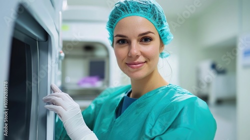 Radiographer in green scrubs and cap preparing contrast media solution for barium X ray examination procedure in a healthcare facility
