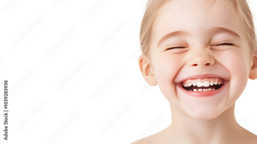 Close-up of a girl laughing heartily, her joyful expression filling the frame, neutral white studio background for commercial appeal Close-up of a girl laughing heartily, her joyful expression filling the frame, neutral white studio background for commercial appeal