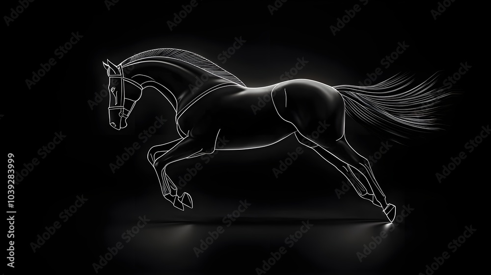 Black and white galloping horse, sleek minimalist silhouette, casting shadow, dynamic movement, art nouveau style, clean and modern feel Black and white galloping horse, sleek minimalist silhouette, casting shadow, dynamic movement, art nouveau style, clean and modern feel