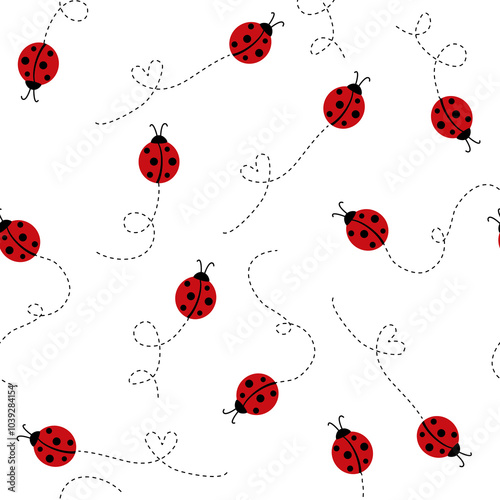Ladybugs flying on dotted route seamless pattern isolate on transparent background.