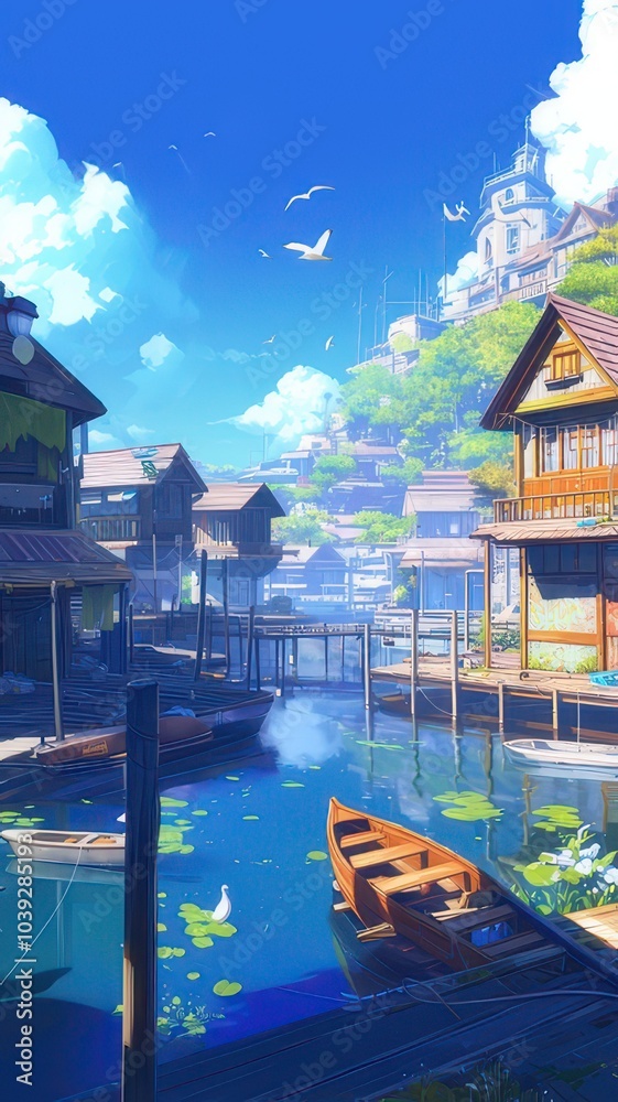 Obraz premium Illustration of scenic village of the edge of a lake. Anime style