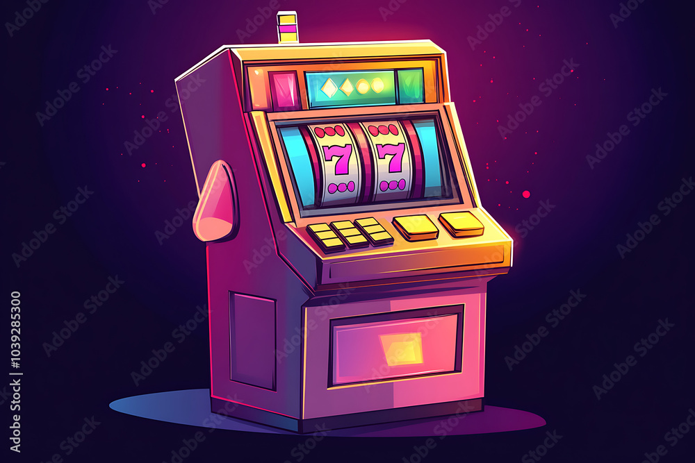 A colorful slot machine with three spinning reels displaying lucky sevens. A colorful slot machine with three spinning reels displaying lucky sevens.