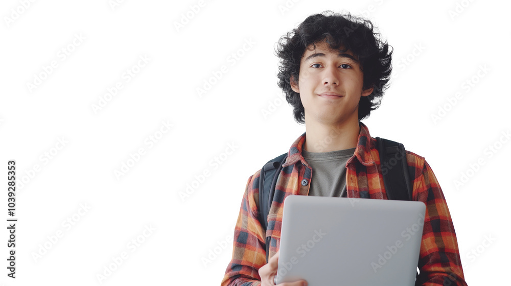 Obraz premium portrait of a young man holding a laptop isolated on transparent background, junior software engineer cut out