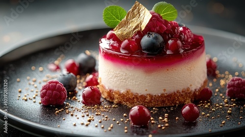 A beautifully presented cheesecake topped with berries and gold leaf.