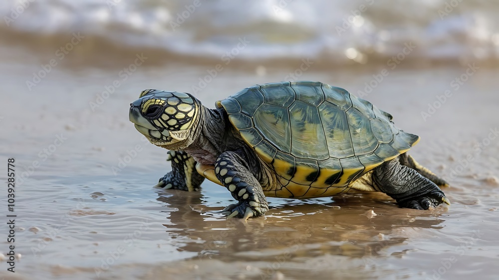 A Yellow-Spotted Turtle Walking on Wet Sand A Yellow-Spotted Turtle Walking on Wet Sand