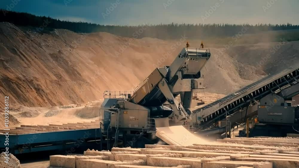 Heavy machinery cutting through granite blocks at a quarry, with robotic saws slicing stone slabs and conveyor systems transporting them.
Heavy machinery cutting through granite blocks at a quarry, with robotic saws slicing stone slabs and conveyor systems transporting them.