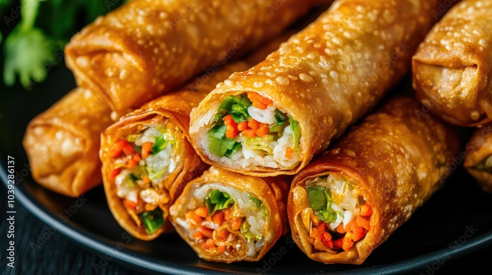 Crunchy Fried Spring Rolls Revealing Flavorful Filling in Close up View on Plate with Green Leaves as Background  Appetizing Asian or Mexican Tex Mex Snack or Appetizer