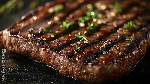 Mouthwatering Seared Steak with Charred Edges and Aromatic Garnish on Grill