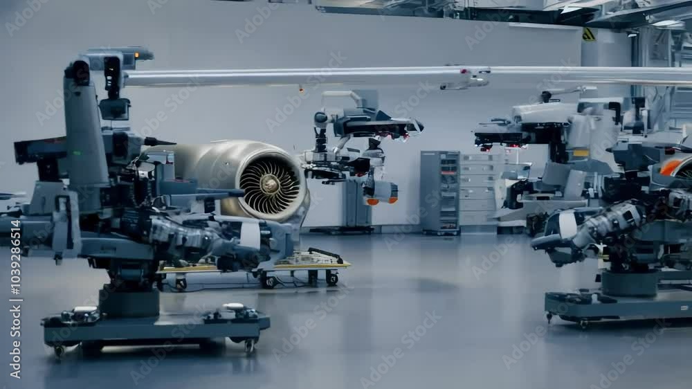 A factory where robotic systems assemble jet engine components, with turbines spinning during precision testing and lasers calibrating parts.
A factory where robotic systems assemble jet engine components, with turbines spinning during precision testing and lasers calibrating parts.