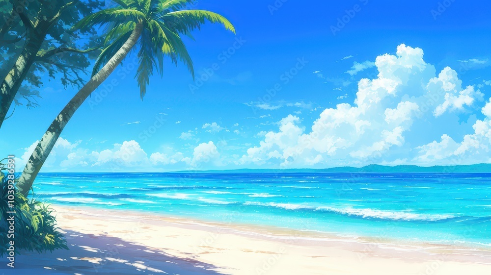 Fototapeta premium Illustration of Beautiful tropical beach with coconut palm leaves. Seascape background. Anime style