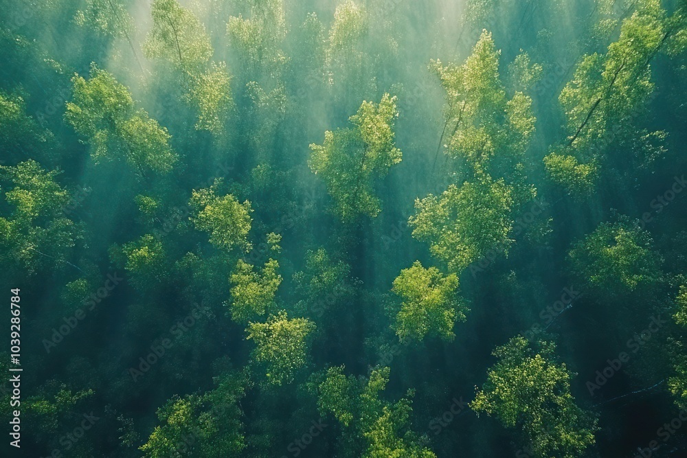 Obraz premium Aerial view of a green forest with sunlight rays piercing through the canopy-gigapixel-hq-scale-6_00x