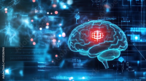 A digital illustration of a brain with data overlays, symbolizing neuroscience and technology.