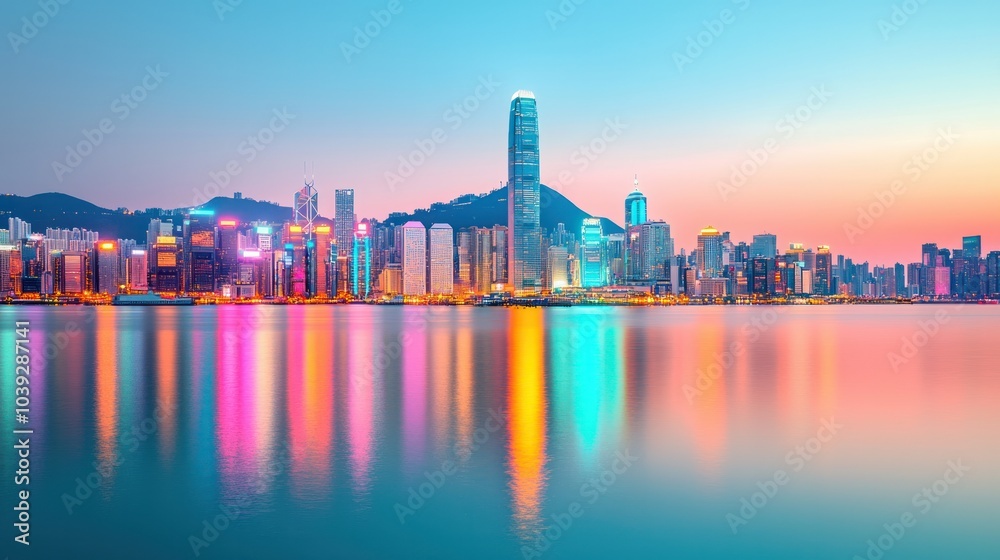 Obraz premium Stunning Twilight Reflection of Hong Kong Skyline in Vibrant Colors Over Calm Waters