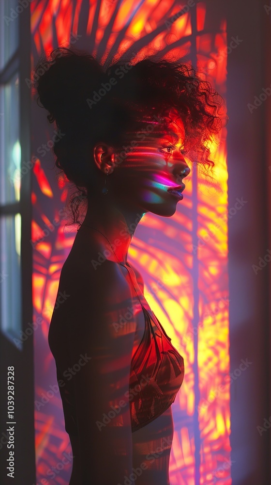 Woman Silhouette in Colorful Light with Shadow Play