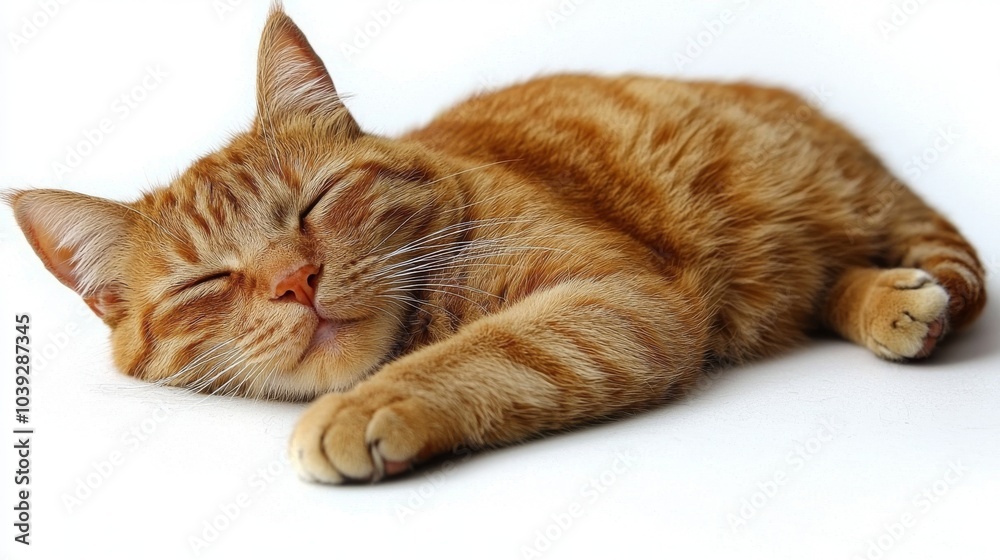 Obraz premium Cute Ginger Cat Sleeping on White Background