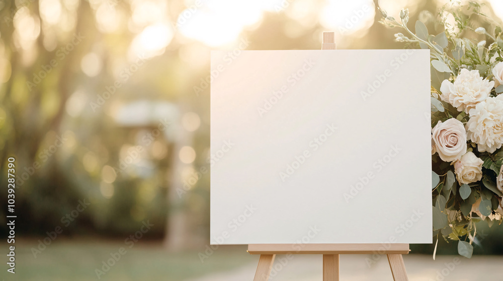 A blank 36 x 24 inch wedding welcome sign displayed on an elegant easel in a serene outdoor setting. The sign is surrounded by soft, neutral tones of beige, cream, and grey. The light, airy A blank 36 x 24 inch wedding welcome sign displayed on an elegant easel in a serene outdoor setting. The sign is surrounded by soft, neutral tones of beige, cream, and grey. The light, airy