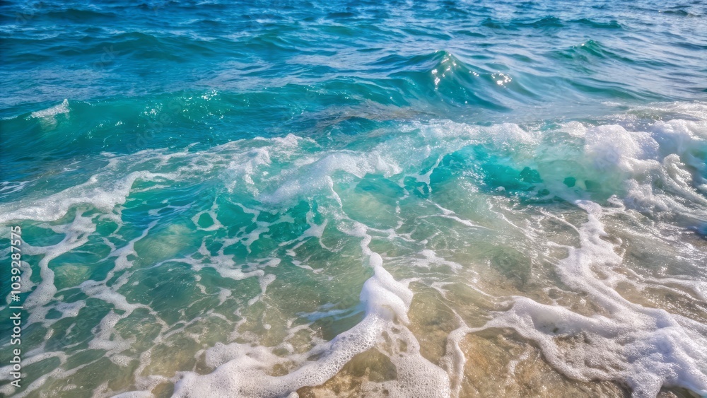 Obraz premium Clear turquoise ocean water with foamy waves and dynamic surface texture.