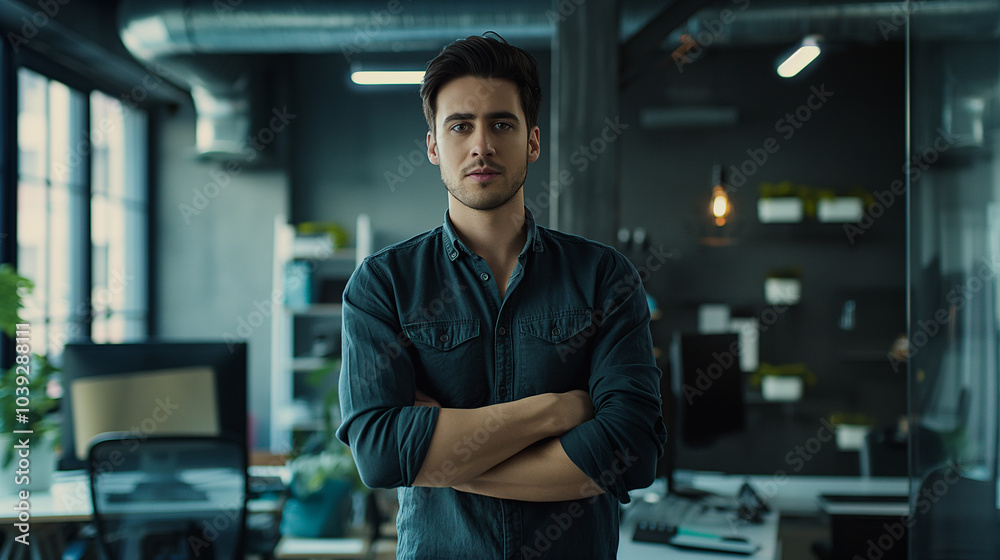 portrait of an American software engineer standing in modern office looking at camera, tech support worker portrait of an American software engineer standing in modern office looking at camera, tech support worker