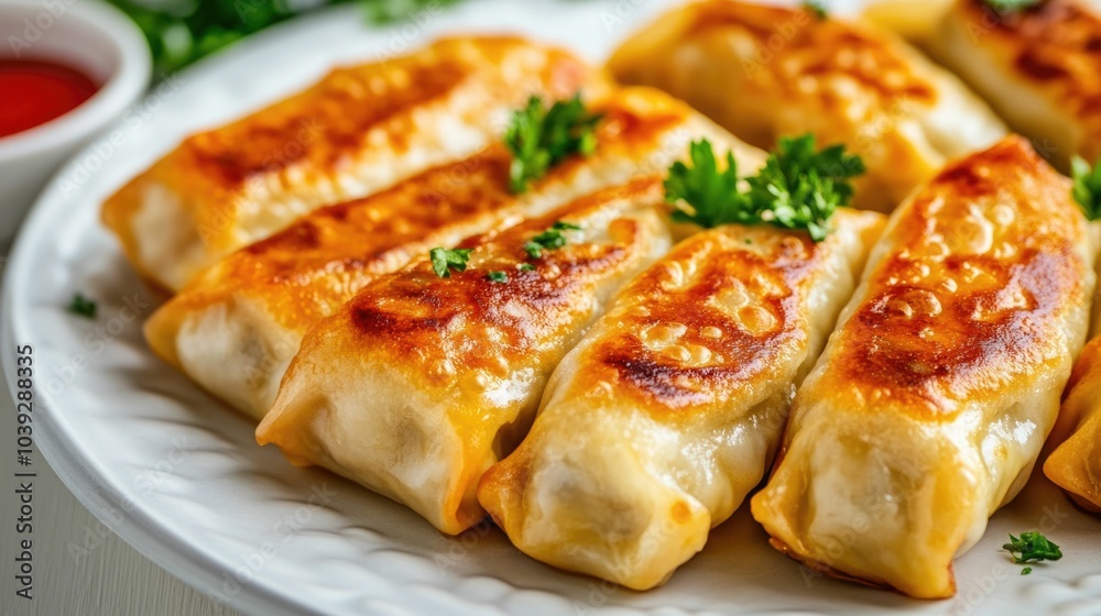 Overhead close up view of delicious fried gyoza dumplings crispy on the edges and tender inside a traditional Japanese cuisine delicacy served on a plate with shallow depth of field Overhead close up view of delicious fried gyoza dumplings crispy on the edges and tender inside a traditional Japanese cuisine delicacy served on a plate with shallow depth of field
