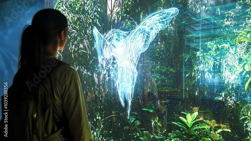 Person interacting with a glowing holographic butterfly in a futuristic forest environment, blending nature and advanced augmented reality technology in a sci-fi inspired setting. photo