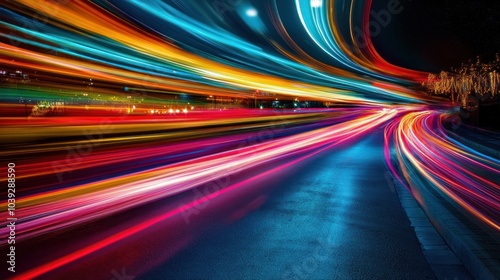 A vibrant long-exposure photograph capturing light trails on a road at night.