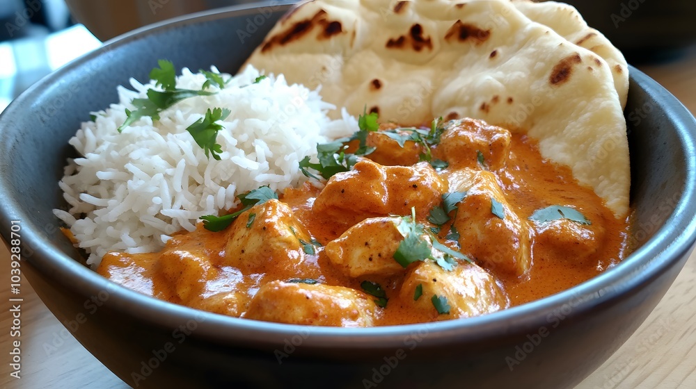 A bowl of Indian butter chicken, served with basmati rice and naan bread.
A bowl of Indian butter chicken, served with basmati rice and naan bread.