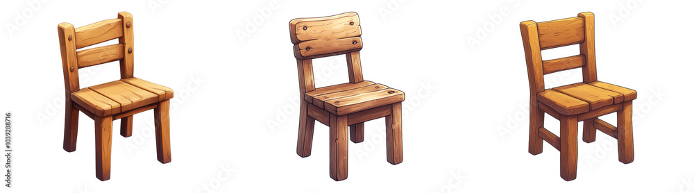 3D rustic wooden chairs isolated on transparent PNG background for furniture and home decor-themed illustrations 3D rustic wooden chairs isolated on transparent PNG background for furniture and home decor-themed illustrations