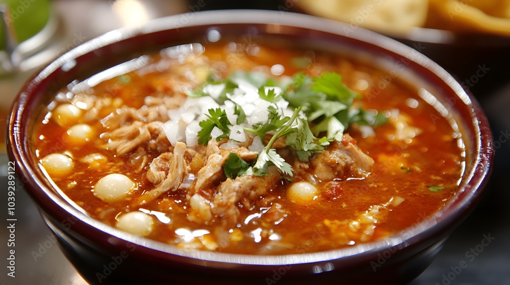 A bowl of Mexican pozole, a hearty soup with hominy, pork, and red chili broth.
A bowl of Mexican pozole, a hearty soup with hominy, pork, and red chili broth.