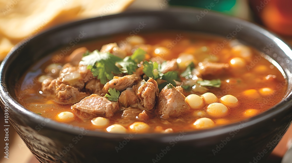 A bowl of Mexican pozole, a hearty soup with hominy, pork, and red chili broth.
A bowl of Mexican pozole, a hearty soup with hominy, pork, and red chili broth.