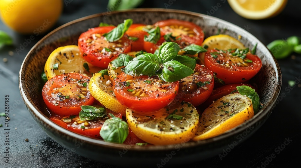 Fresh tomato and lemon salad garnished with basil leaves. Fresh tomato and lemon salad garnished with basil leaves.