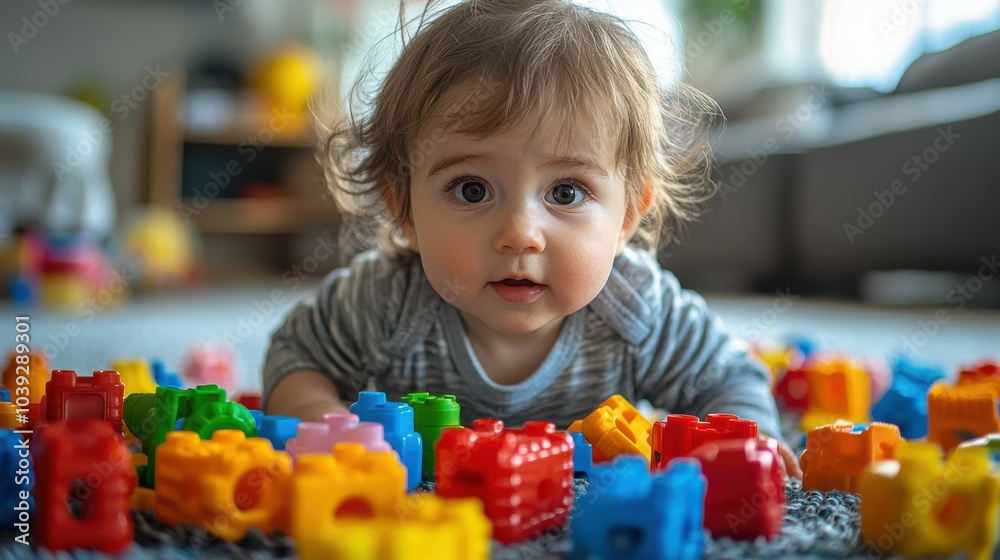 Curious Baby Playing with Colorful Building Blocks, showcasing the joy of play and early development in a cozy indoor setting. Curious Baby Playing with Colorful Building Blocks, showcasing the joy of play and early development in a cozy indoor setting.