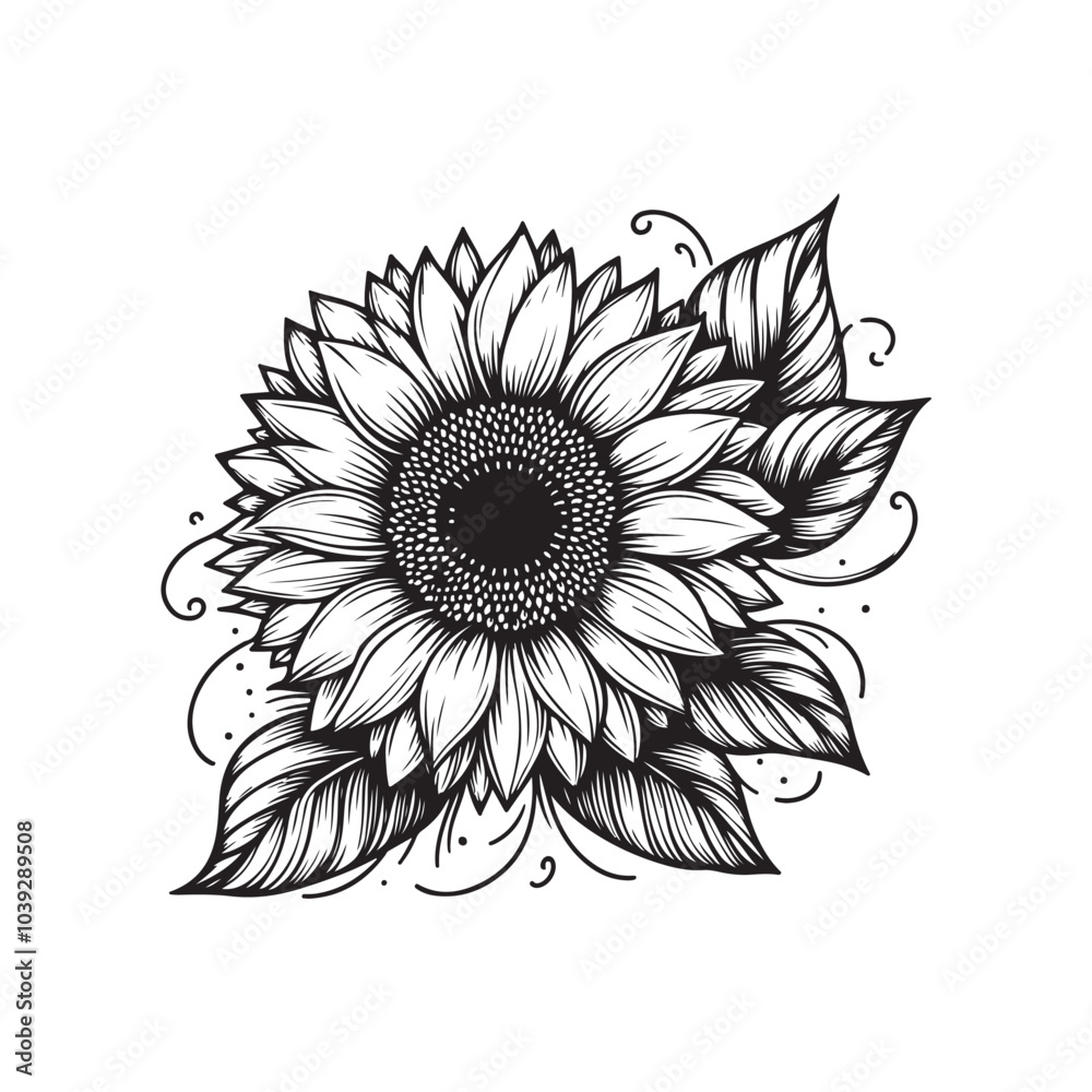 Sunflower flower vector black and white graphics isolated on a white background, linocut, realistic drawing, linear art. single sunflower